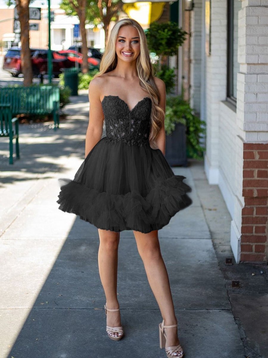 Oakeson | Black - A-Line Sweetheart Ruffle Tulle Homecoming Dress With Appliques