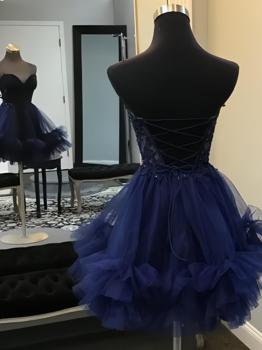 Oakeson | Navy Blue - A-Line Sweetheart Ruffle Tulle Homecoming Dress With Appliques