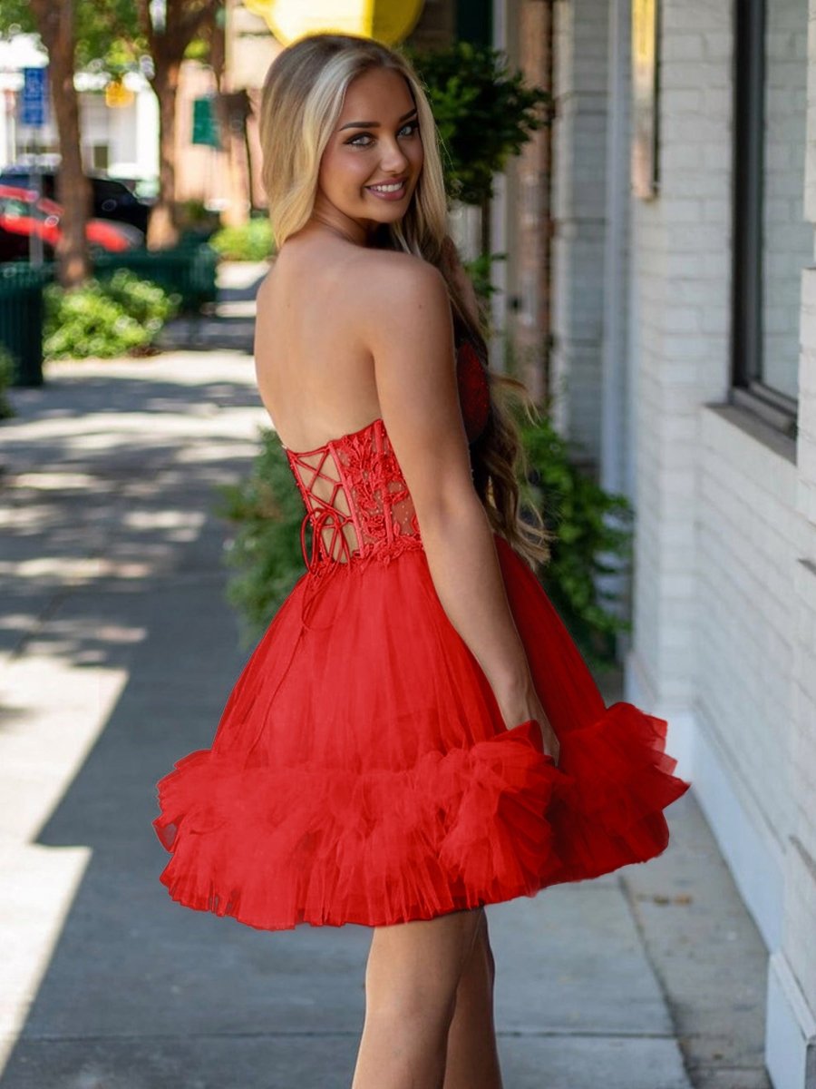 Oakeson | Red - A - Line Sweetheart Ruffle Tulle Homecoming Dress With Appliques - KissProm