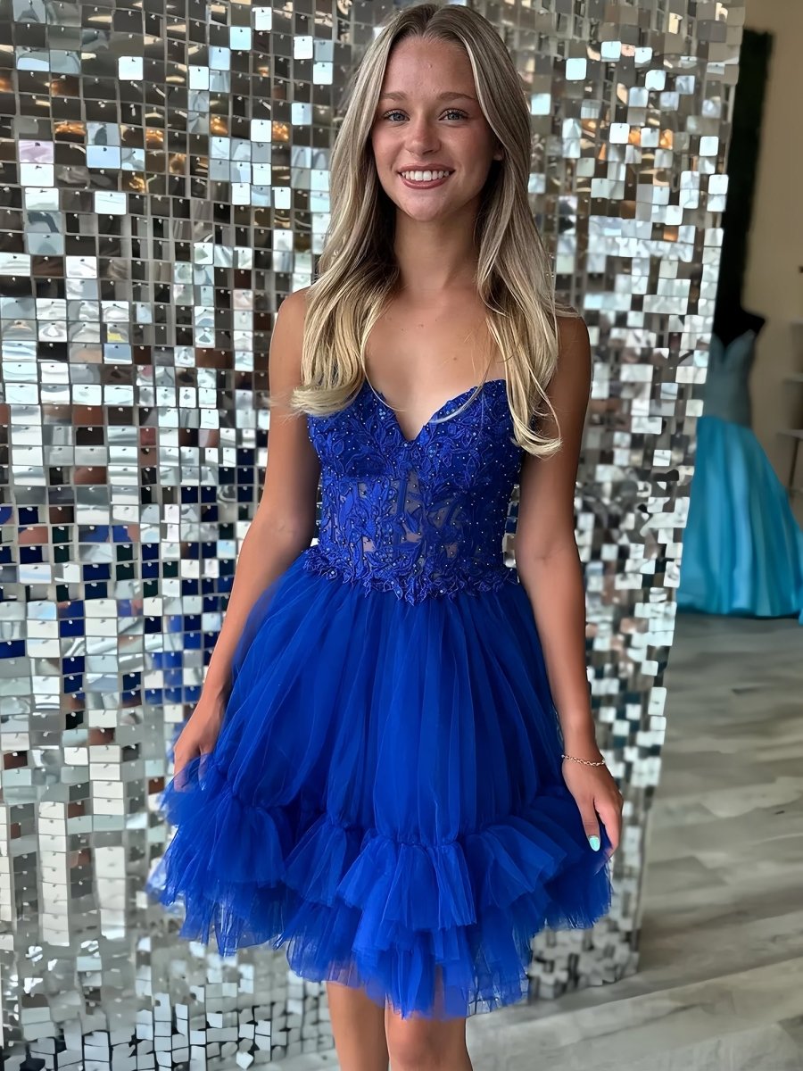 Oakeson | Royal Blue - A-Line Sweetheart Ruffle Tulle Homecoming Dress With Appliques