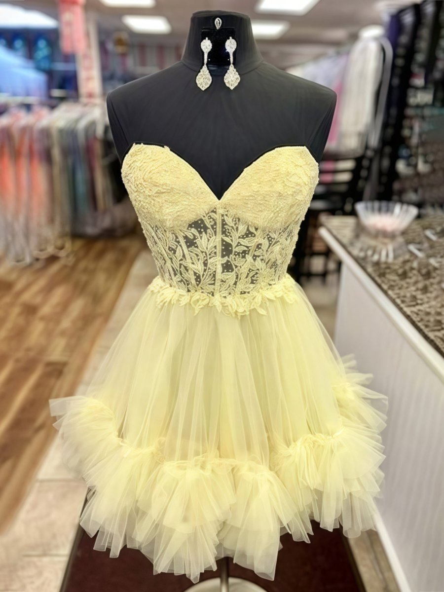 Oakeson | Yellow - A-Line Sweetheart Ruffle Tulle Homecoming Dress With Appliques
