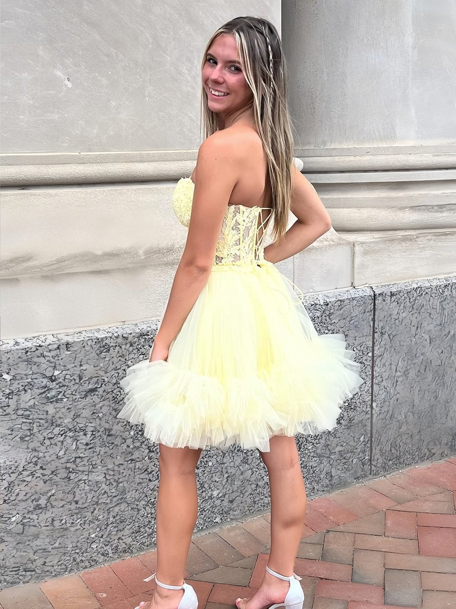 Oakeson | Yellow - A-Line Sweetheart Ruffle Tulle Homecoming Dress With Appliques