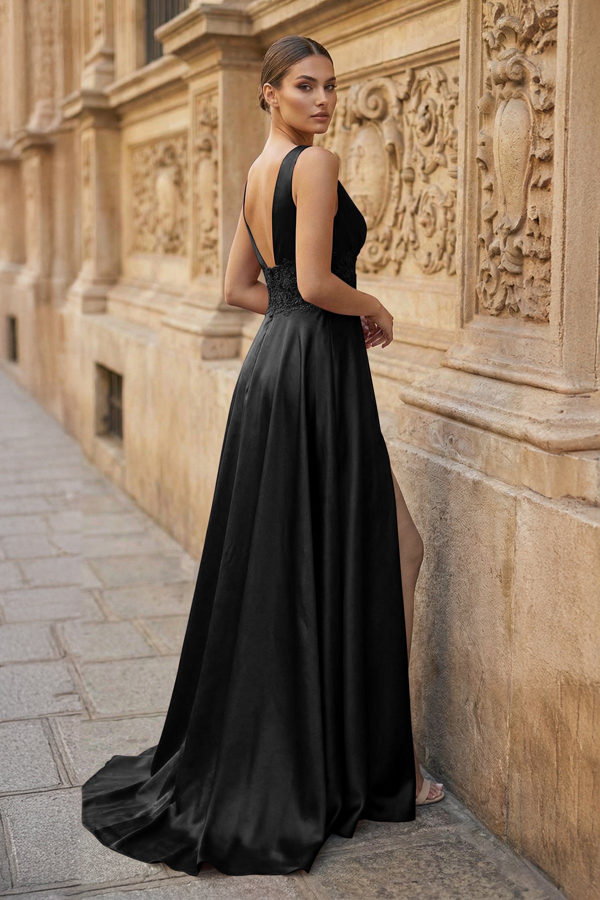 Burgundy V Neck Lace Long Prom Evening Dress with High Slit Burgundy V Neck Lace Long Prom Evening Dress with High Slit