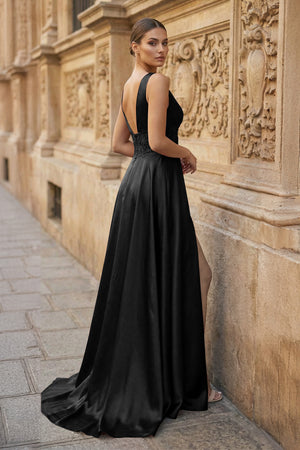 Burgundy V Neck Lace Long Prom Evening Dress with High Slit - KISSPROM PROM DRESSES