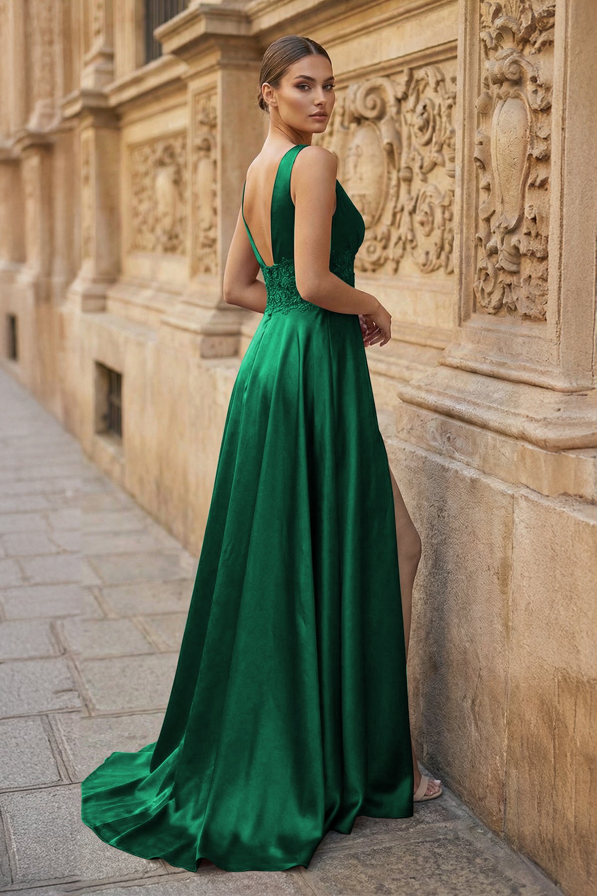 KissProm Burgundy V Neck Lace Long Prom Evening Dress with High Slit, Emerald / 00