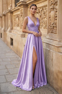 Burgundy V Neck Lace Long Prom Evening Dress with High Slit - KISSPROM PROM DRESSES