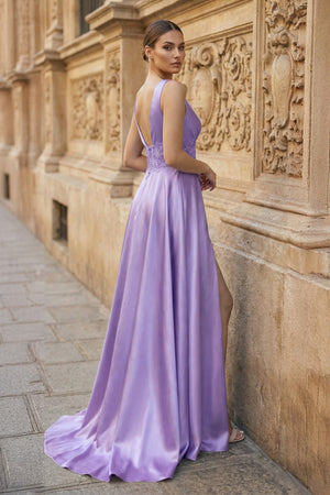 Burgundy V Neck Lace Long Prom Evening Dress with High Slit - KISSPROM PROM DRESSES