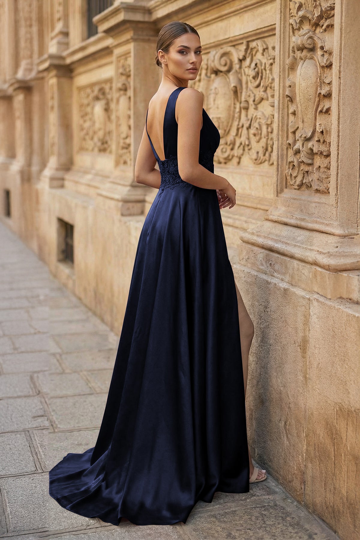 Burgundy V Neck Lace Long Prom Evening Dress with High Slit Burgundy V Neck Lace Long Prom Evening Dress with High Slit