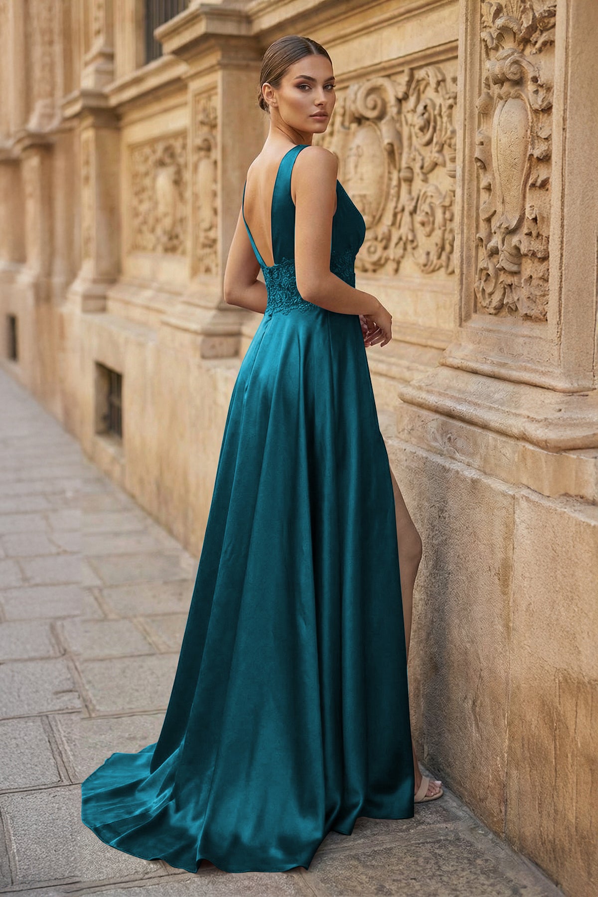KissProm Burgundy V Neck Lace Long Prom Evening Dress with High Slit, Emerald / 00