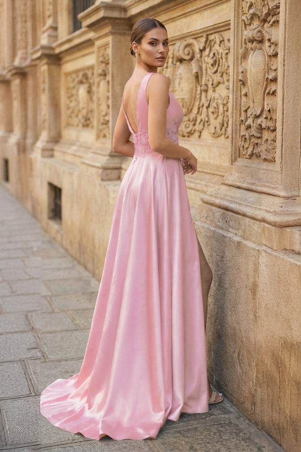Burgundy V Neck Lace Long Prom Evening Dress with High Slit - KISSPROM PROM DRESSES