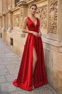Burgundy V Neck Lace Long Prom Evening Dress with High Slit - KISSPROM PROM DRESSES