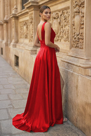 Burgundy V Neck Lace Long Prom Evening Dress with High Slit - KISSPROM PROM DRESSES