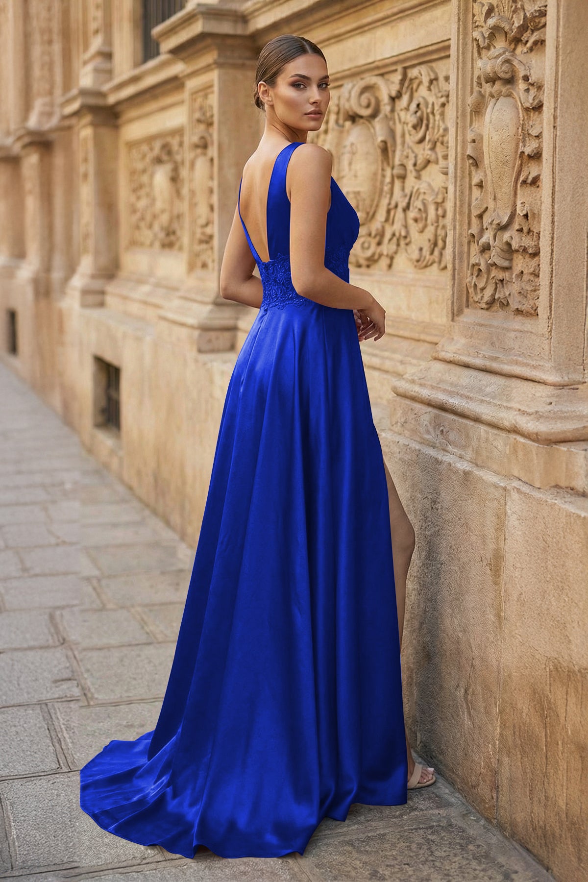 Burgundy V Neck Lace Long Prom Evening Dress with High Slit Burgundy V Neck Lace Long Prom Evening Dress with High Slit