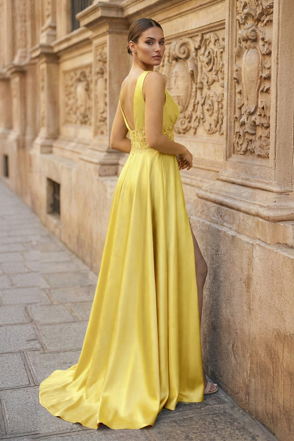 Burgundy V Neck Lace Long Prom Evening Dress with High Slit - KISSPROM PROM DRESSES
