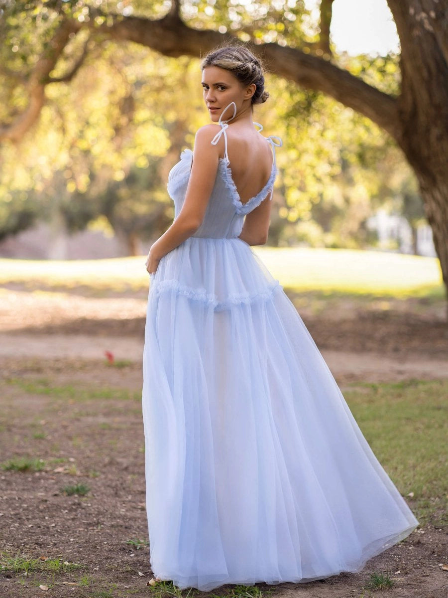 KissProm A-line Ocean Wave Tie-straps tulle long prom dress, Sky Blue / 00