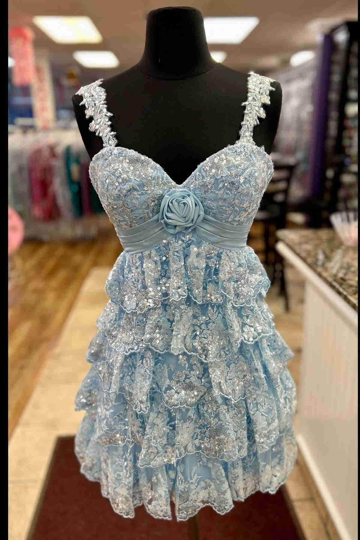 Oceane | Light Blue Rosette Sequin Baby Doll Short Party Dress