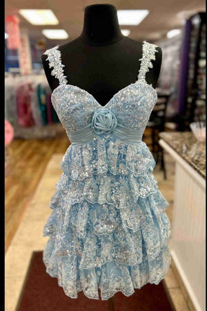 Oceane | Light Blue Rosette Sequin Baby Doll Short Party Dress