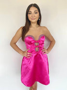 Octaviana | Fuchsia - Strapless A-Line Beaded Satin Homecoming Dress With Bow