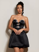 Octaviana | Black - Strapless A-Line Beaded Satin Homecoming Dress With Bow