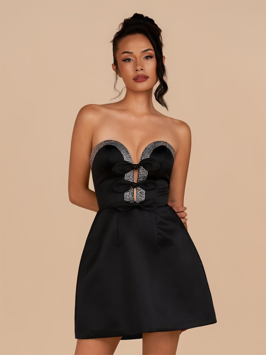 Octaviana | Black - Strapless A-Line Beaded Satin Homecoming Dress With Bow