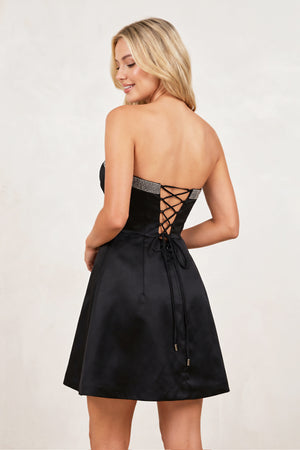 Octaviana | Black - Strapless A-Line Beaded Satin Homecoming Dress With Bow