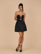 Octaviana | Black - Strapless A-Line Beaded Satin Homecoming Dress With Bow