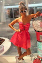 Octaviana | Hot Pink - Strapless A-Line Beaded Satin Homecoming Dress With Bow