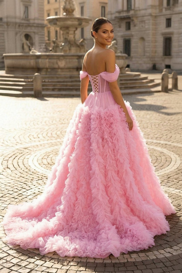 Gorgeous A Line Off the Shoulder Long Tulle Prom Dress with Slit - KISSPROM PROM DRESSES