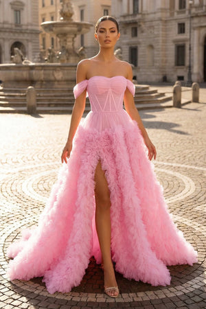 KissProm- Pink Gorgeous A Line Off the Shoulder Long Tulle Prom Dress with Slit