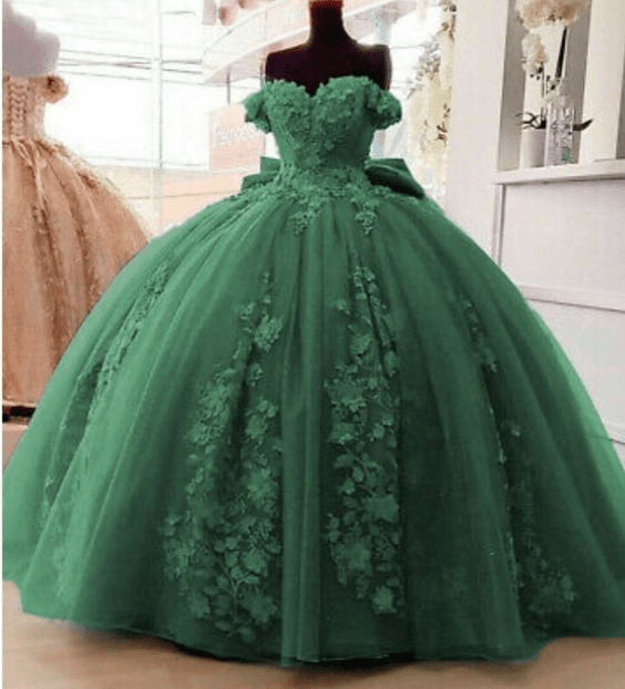 Off Shoulder 3D Floral Applique Quinceanera Dresses, Green / 12