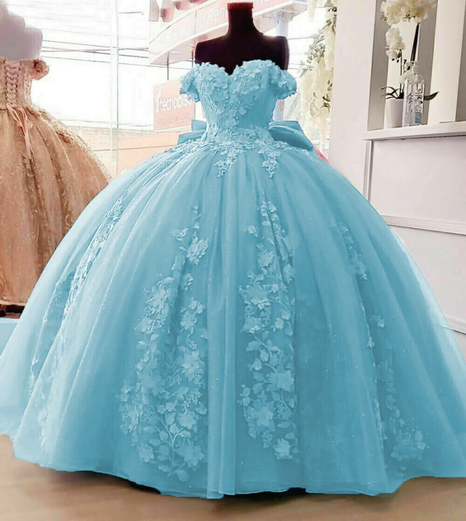 Off Shoulder Ball Gown Quinceanera Dresses 3D Floral Applique Gowns