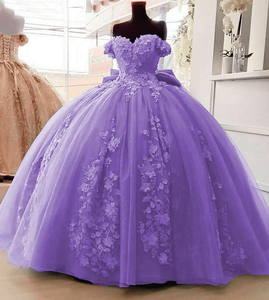 Off Shoulder 3D Floral Applique Quinceanera Dresses, Purple / 10