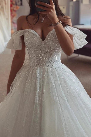 Off-Shoulder Glitter Tulle A-Line Sequined Beaded With Train Wedding D Off-Shoulder Glitter Tulle A-Line Sequined Beaded With Train Wedding D