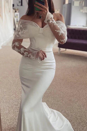 Off-Shoulder Long Sleeve Trumpet Appliques Beach Wedding Dress Off-Shoulder Long Sleeve Trumpet Appliques Beach Wedding Dress