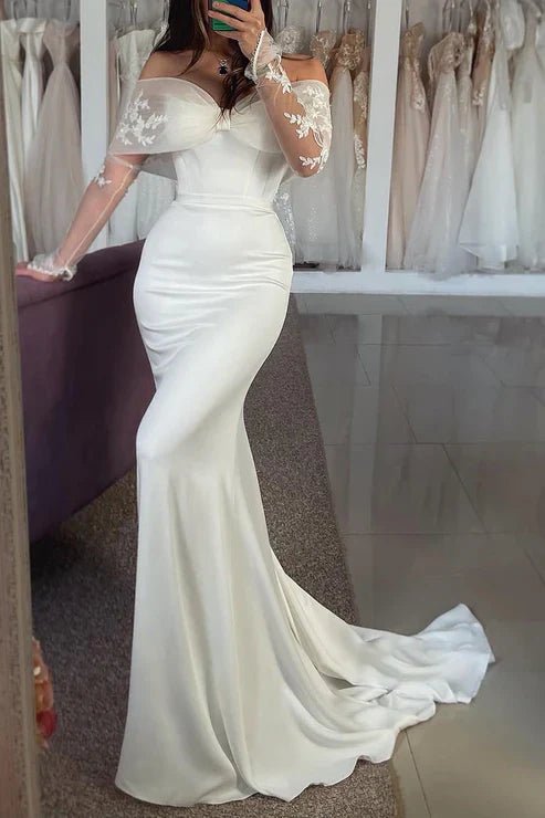 Off-Shoulder Long Sleeve Trumpet Appliques Beach Wedding Dress