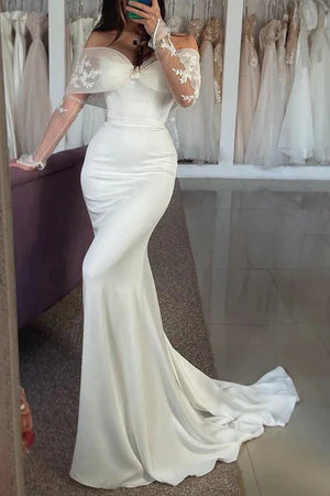 Off-Shoulder Long Sleeve Trumpet Appliques Beach Wedding Dress, Diamond White / Custom Size