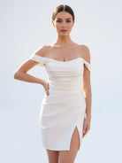 Elody | Off - the - Shoulder Short Satin Cowl Neck Simple Formal Wedding Dress With Slit - KissProm