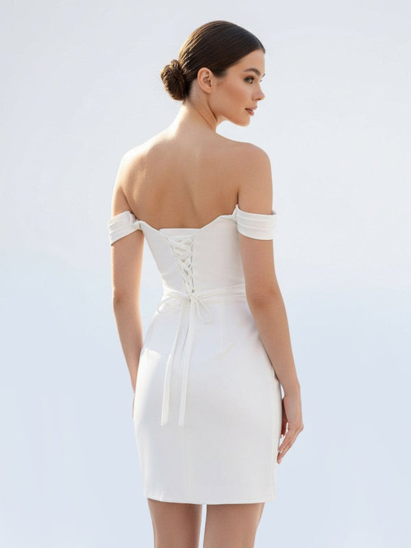Elody | Off - the - Shoulder Short Satin Cowl Neck Simple Formal Wedding Dress With Slit - KissProm
