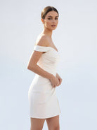 Elody | Off - the - Shoulder Short Satin Cowl Neck Simple Formal Wedding Dress With Slit - KissProm