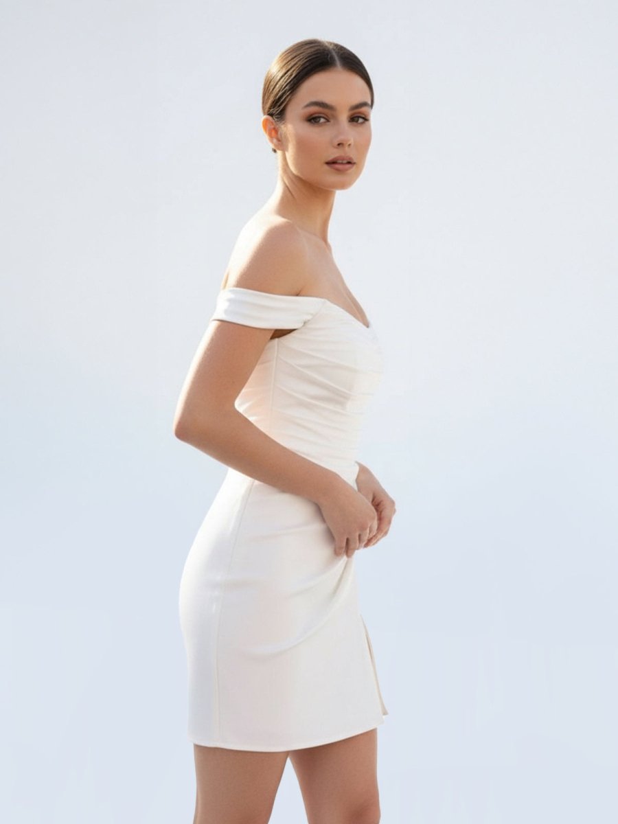 Elody | Off - the - Shoulder Short Satin Cowl Neck Simple Formal Wedding Dress With Slit - KissProm