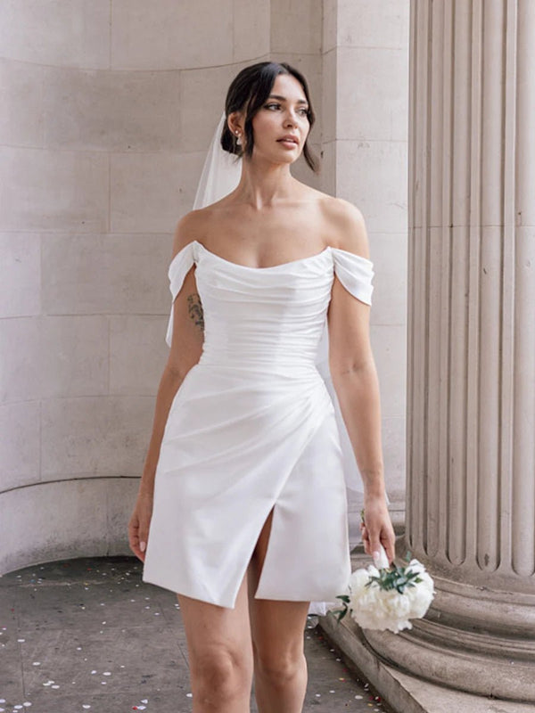 Elody | Off-the-Shoulder Short Satin Cowl Neck Simple Formal Wedding Dress With Slit