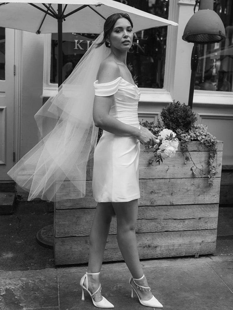 Off-the-Shoulder Short Satin Cowl Neck Simple Formal Wedding Dress Wit Off-the-Shoulder Short Satin Cowl Neck Simple Formal Wedding Dress Wit
