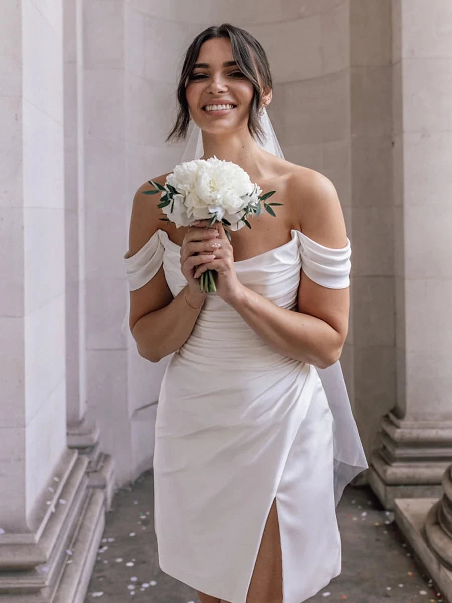 Off-the-Shoulder Short Satin Cowl Neck Simple Formal Wedding Dress Wit