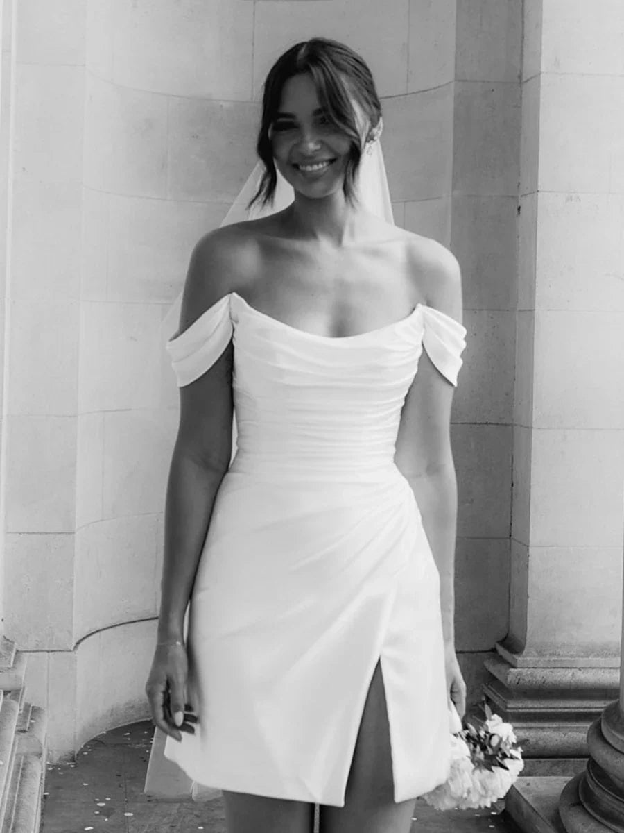 slim fit dress slacks Off-the-Shoulder Short Satin Cowl Neck Simple Formal Wedding Dress Wit main image 0