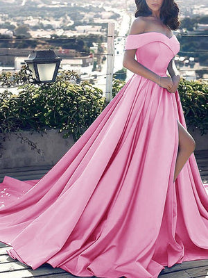 Noah | Off Shoulder Prom Dress Long Satin Formal Gowns with Slit - KissProm