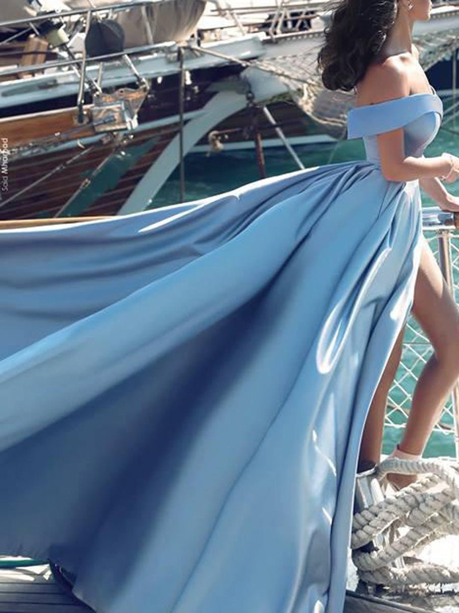 Noah | Off Shoulder Prom Dress Long Satin Formal Gowns with Slit - KissProm