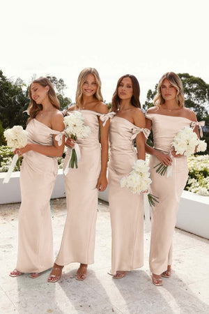 Off-Shoulder Sheath Pleated Satin Sky Blue Long Bridesmaid Dress – Bridesmaid Dresses by KissProm | Available at KissProm