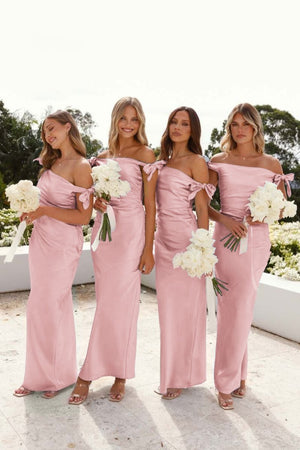 Off-Shoulder Sheath Pleated Satin Sky Blue Long Bridesmaid Dress – Bridesmaid Dresses by KissProm | Available at KissProm