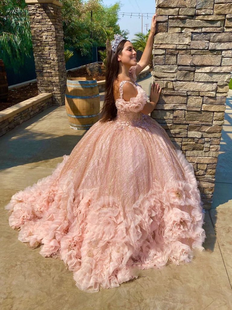 Off Shoulder V Neckline Flower Quinceanera Dresses