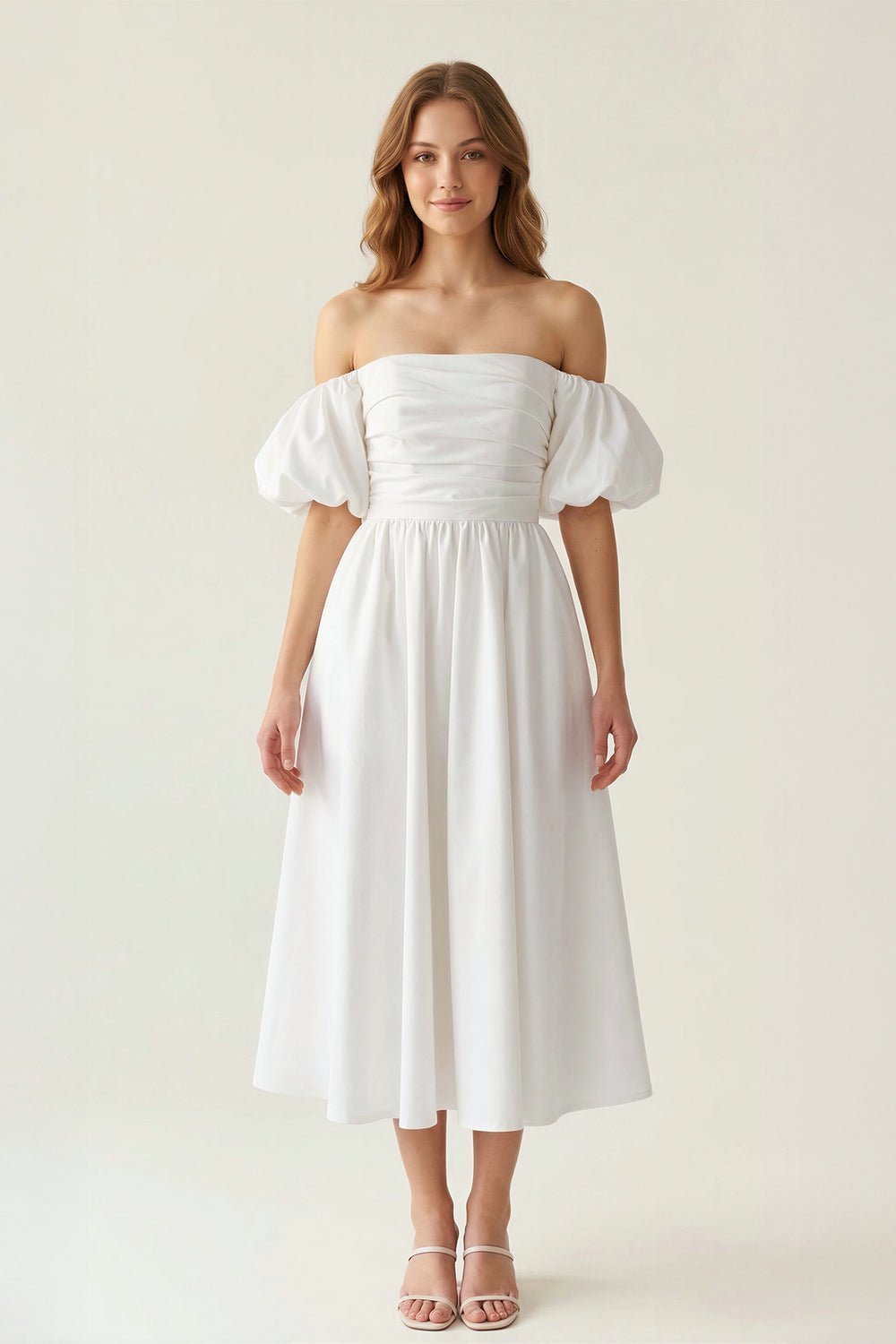 Off-the-Shouder A-Line Midi Graduation Dress With Puff Sleeve - KISSPROM